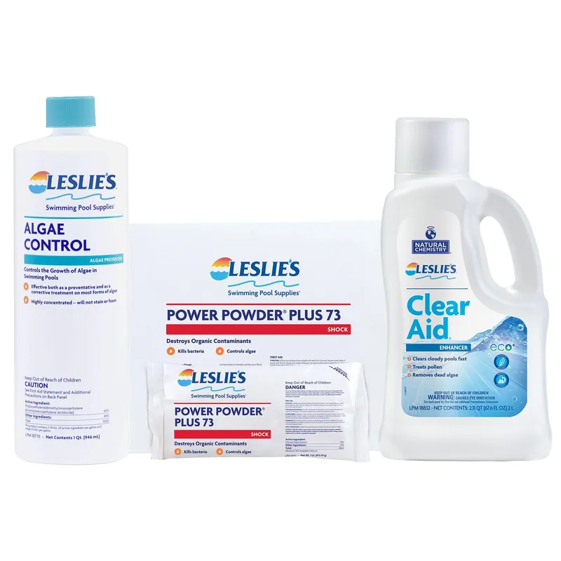 Markdown Leslie's - Algae Control 1 qt with Power Powder Plus Pool Shock 12 x 1 lb Bags and Clear Aid 2L Bundle